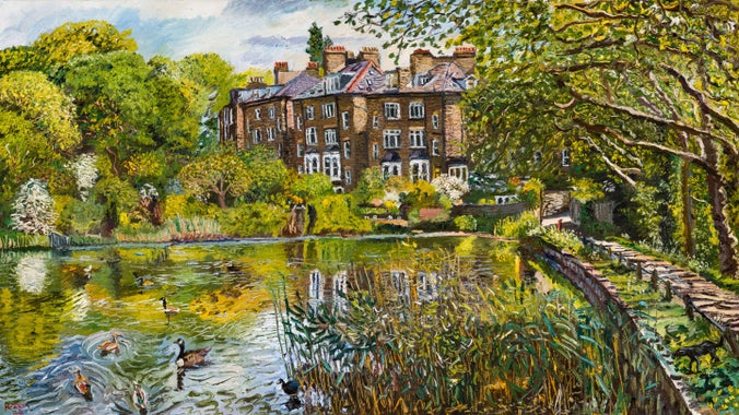 Pond with ducks and London house in background